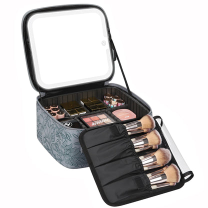 Relavel Travel Makeup Bag With LED Mirror, Cosmetic Train Case with Light up Mirror, Portable Makeup Artist Organizer Bag with Adjustable Dividers, Makeup Brush Holder Storage, Black