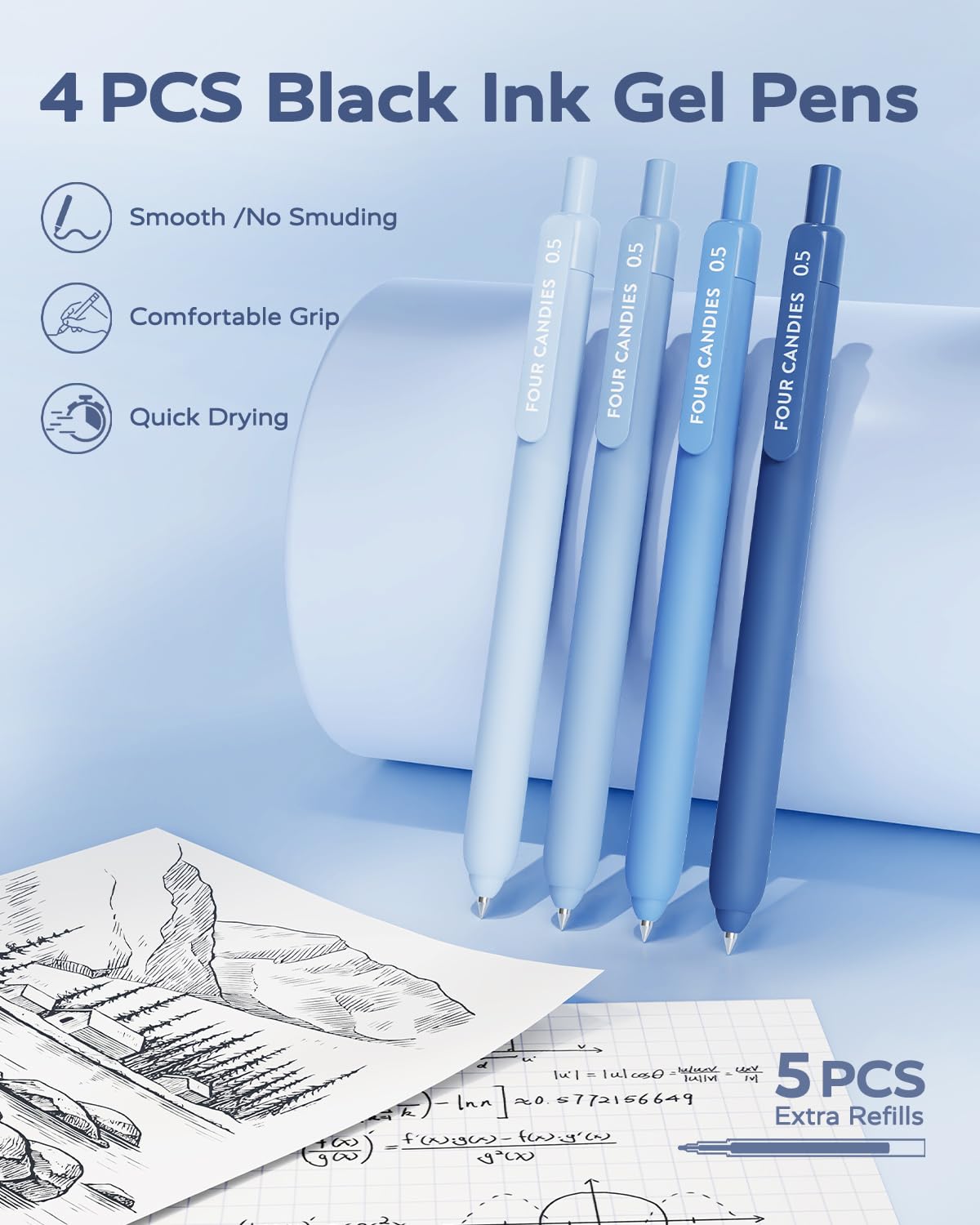 Four Candies Blue Office Supplies, Gel Pens with Black Ink, Correction Tapes,Pastel Highlighters, Mechanical Pencils, Sticky Notes, Index Post for Bible Study Stationary College Essentials