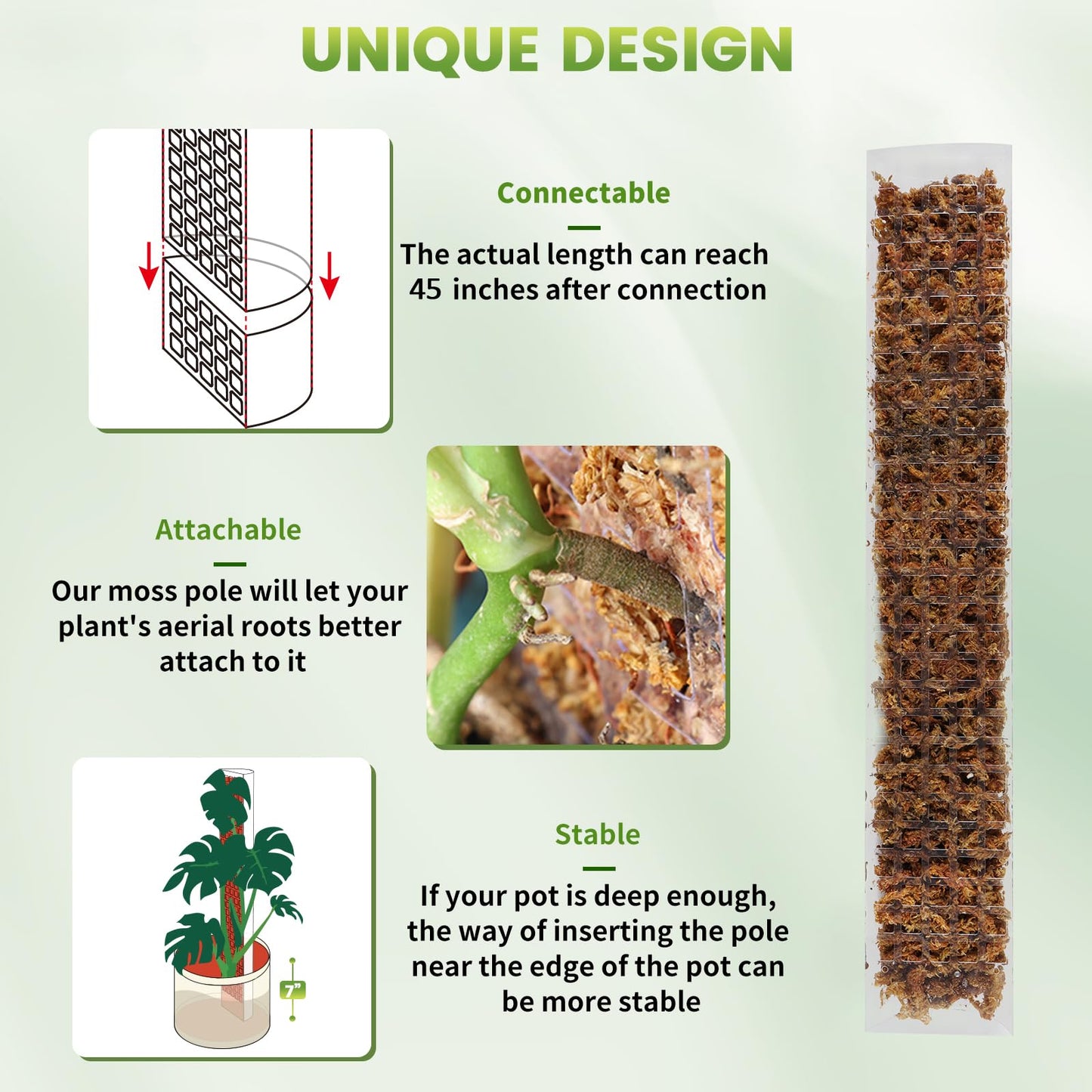 EOX 4 Pcs 24 Inch Plastic Moss Pole for Monstera, Large D Shaped Poles for Climbing Plants Work with Sphagnum Moss, 90 Inch Plant Stake Set of 4, Garden Ties