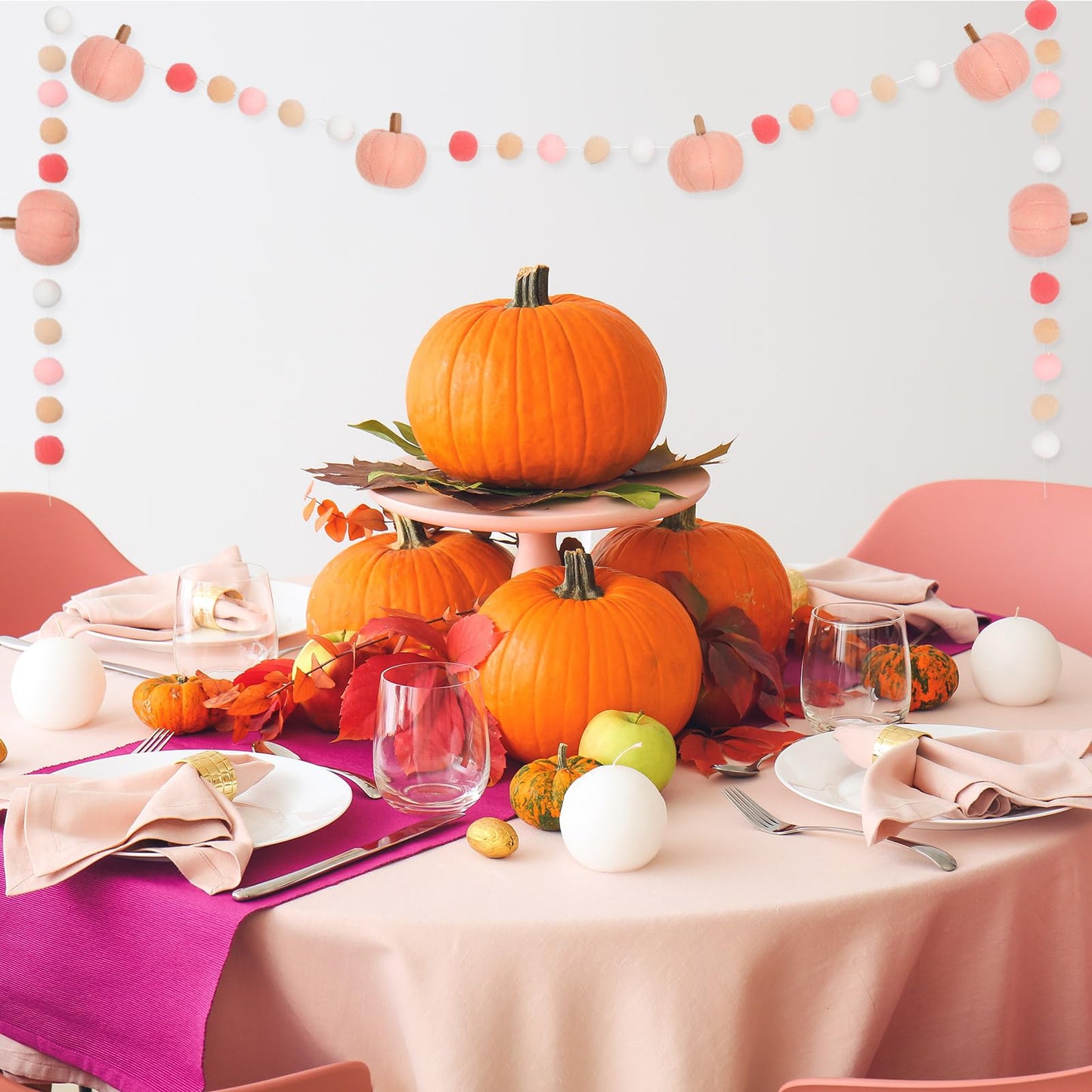 Whaline 8.2Ft Fall Felt Ball Garland Pink Pumpkin Pom Pom Hanging Banner Harvest Pumpkin Felt Ball Garland Cute Autumn Decor for Fall Thanksgiving Festive Party Home Mantel Wall Window