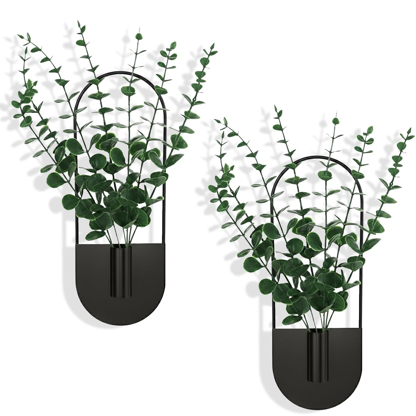 Nacidooka 2 Pcs Boho Wall Decor Hanging Planters for Indoor Plants, Hanging Plant Holder with Artificial Eucalyptus Modern Bathroom Metal Wall Art for Living Room Hallway Home Office(Black)