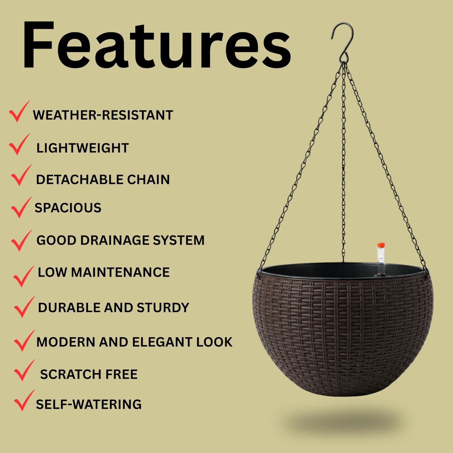 LaLaGreen Hanging Planters for Indoor Plants (11 Inch, 1 Pack) Brown Rattan Style Self-Watering Hanging Flower Pot with Water Level Indicator, Plastic Basket with Metal Chain for Balcony Porch Outdoor