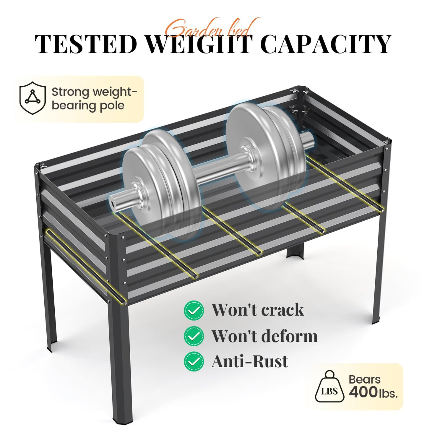 KING BIRD Large Raised Garden Bed with Legs Galvanized Elevated Planter Box 48×24×32 in for Backyard, Patio, Balcony, 400lb Capacity, Dark Grey