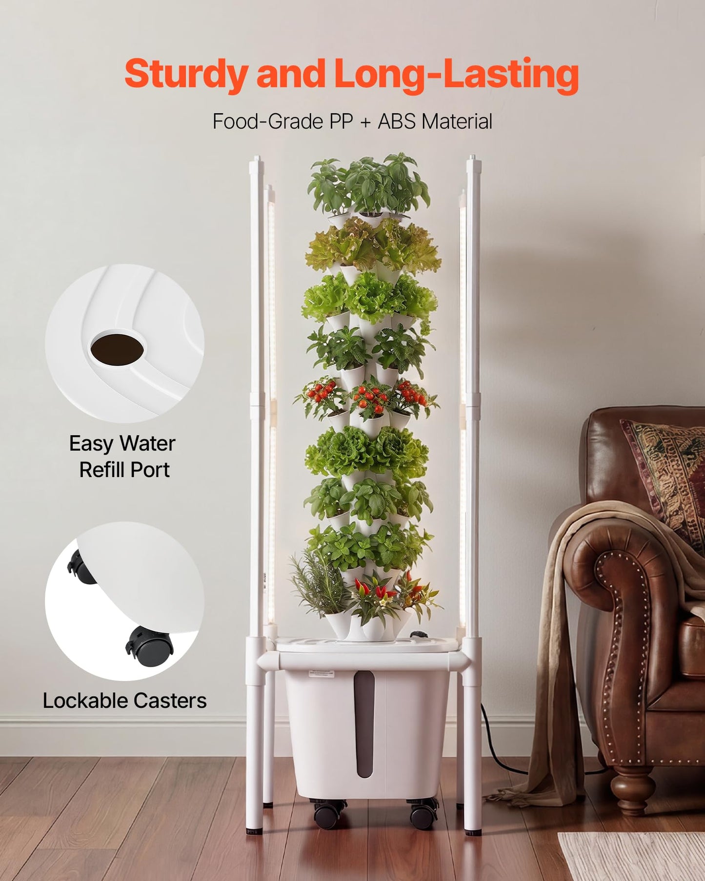 VEVOR Hydroponic Tower, 45 Pods 9 Tiers Hydroponics Growing System Kit with LED Grow Light, App Control & Casters, Vertical Home Garden with 20L Water Tank & Pump for Indoor Herbs, Fruits, Vegetables