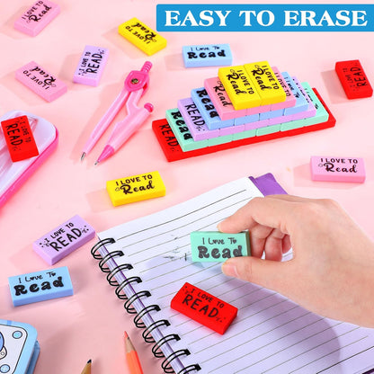 100 Pcs Inspirational Erasers for Kids Back to School Gifts I Love to Read Small Colorful Pencil Erasers for Students Classroom Cute Motivational Gift for Drawing School Office Supplies