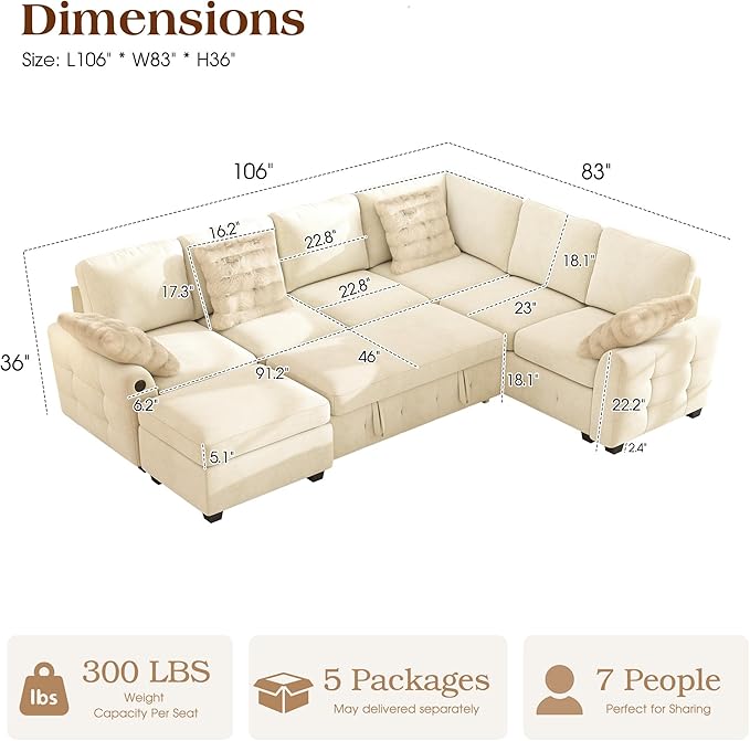 Ihanherry 106-inch Large L-Shaped Sectional Sofa Bed, 7-Seater Convertible Pull