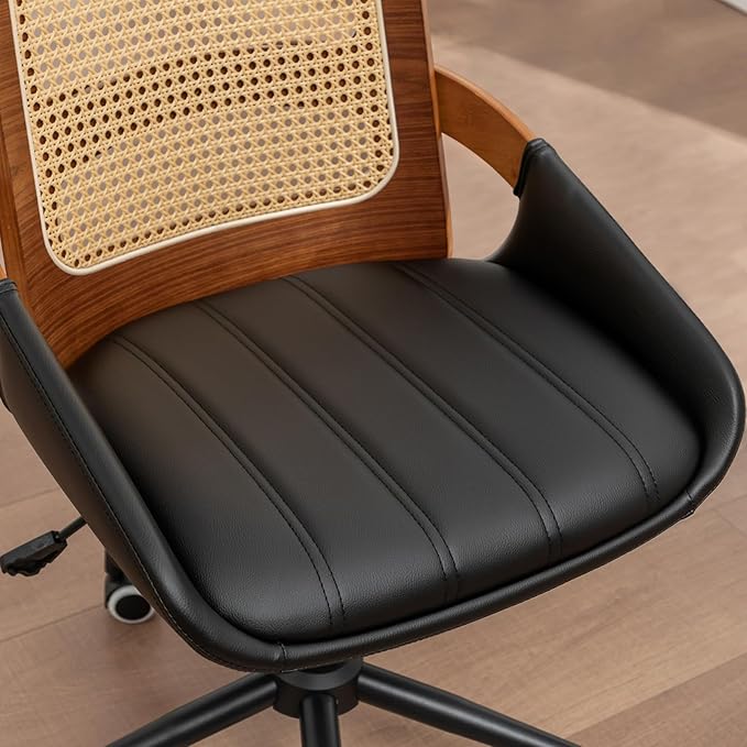 Home Office Desk Chair with Ergonomic Rattan Backrest, Walnut Crafts, Curved