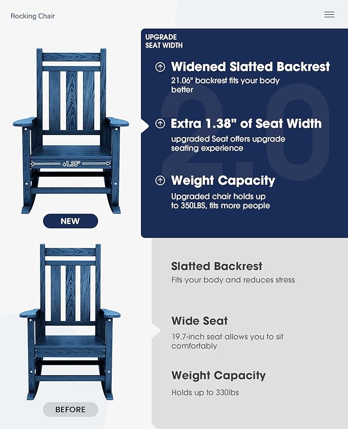 KINGYES Oversized Outdoor Rocking Chair, All-Weather Patio Rocking Chairs
