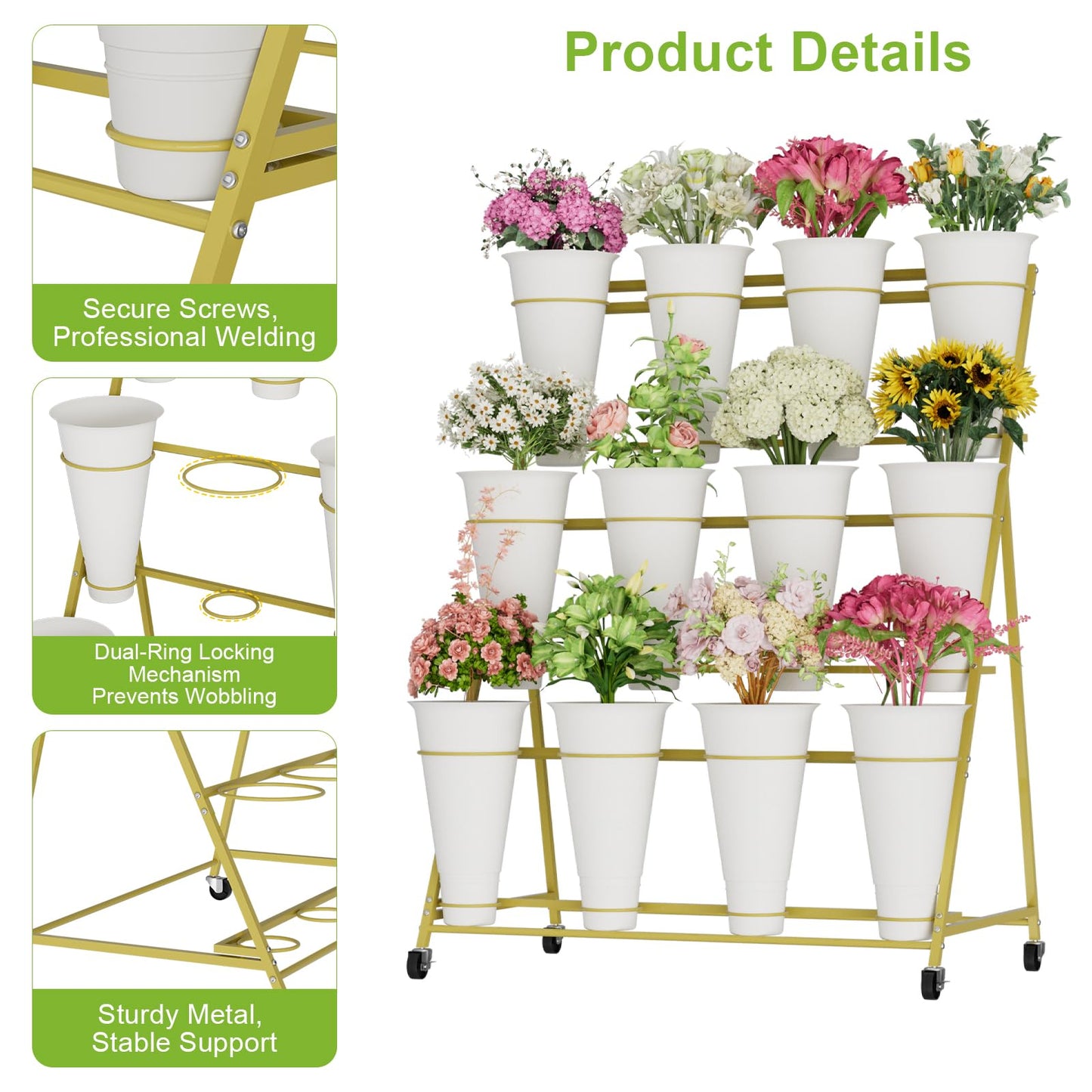 NEYCIL Flower Stand, 3 Tier Flower Display Stand with 12 Buckets, Upgrade Double Circle No Shaking, Outdoor Flower Cart with Wheels for Patio, Garden, Shop, Wedding, Party, Exhibition, Indoor, Gold