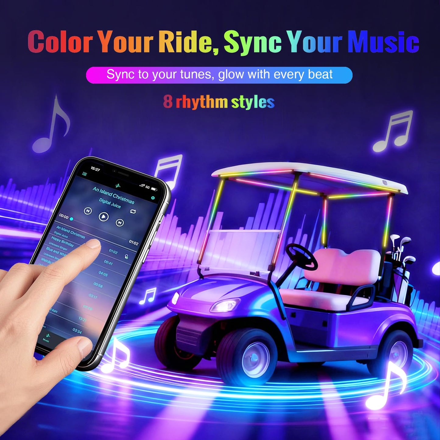 Roykaw 8PCS FCOB Golf Cart Canopy LED Light Strips,ATV/UTV Lights, Dream Color,12-80V, Dimmable & Uniform Lighting Effect, Multi Color/Sync Music/APP Remote Control, IP67 Waterproof