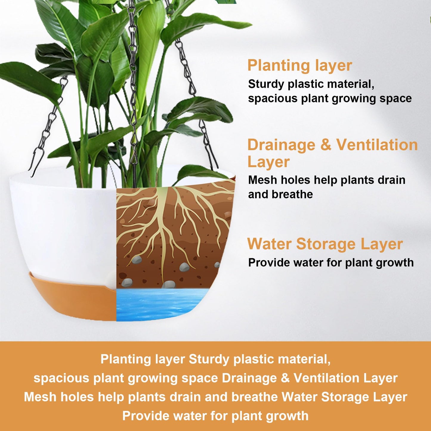 KPUVX 10 inch Hanging Planters for Indoor Outdoor Plants with Self-Watering Pots, 3 Pack Plastic Hanging Basket with Removable Tray for Home Garden Porch Balcony Patio Decor(White+Black+Green)