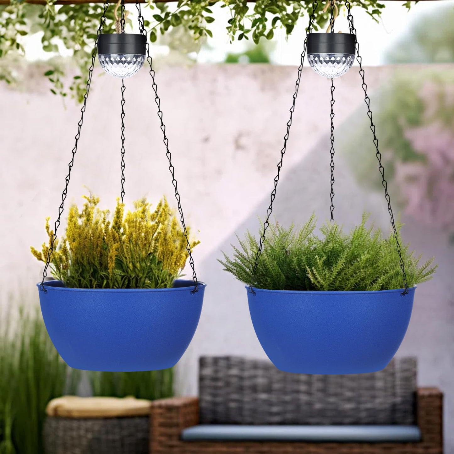 SUNNYPARK 2 Packs Hanging Planters Basket for Outdoor Plants, Solar Powered Self Watering Blue Round Plastic Flower Pots with Drainer for Balcony Patio Garden Outdoor Decoration
