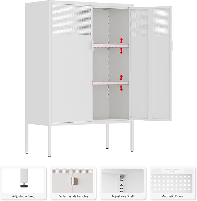 Metal Storage Cabinet, 2 Door TV Stand, Metal Mesh Accent Cabinet, Magnetic
