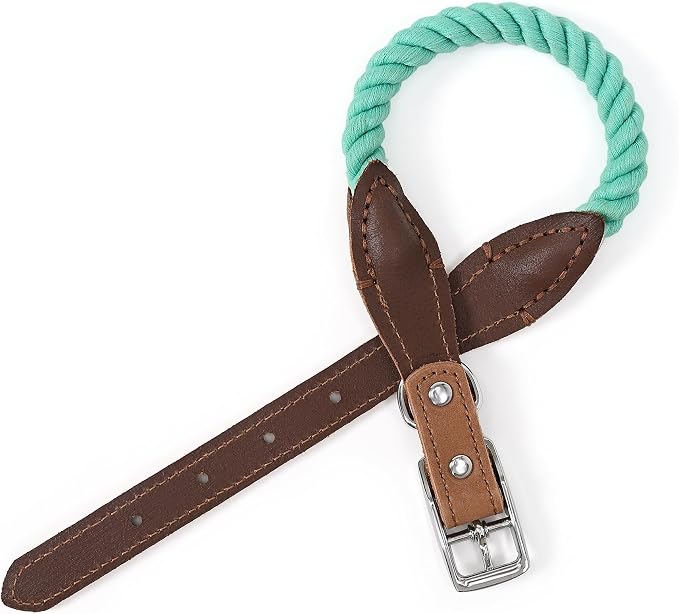 Mile High Life Genuine Leather Dog Collar, Durable Braided Cotton Rope Collar with Metal Pin Buckle for Small Medium Large Dogs (Green, S Neck 11"-15")