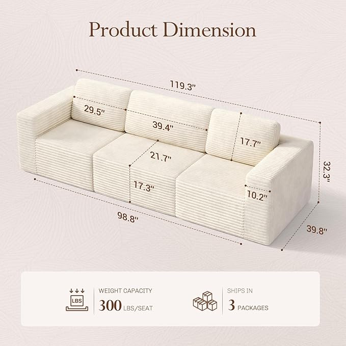 Vesgantti 119" Modular Sectional Sofa, Corduroy Cloud Couch