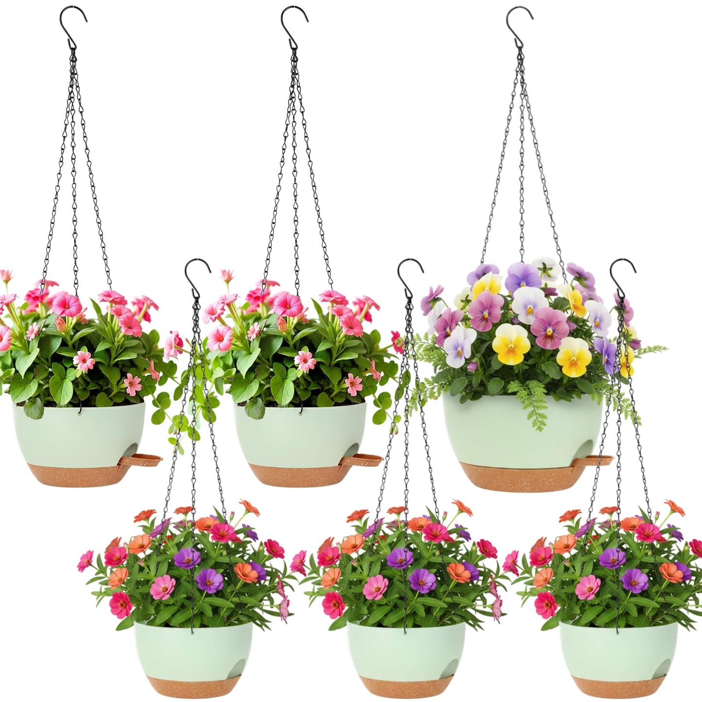 Ferrochef 6 Pack Hanging Planter Set 12/10/8 Inch Plastic Self Watering Hanging Baskets Plant Pot with Drainage Holes and Chain for for Indoor Outdoor Garden Porch Plants