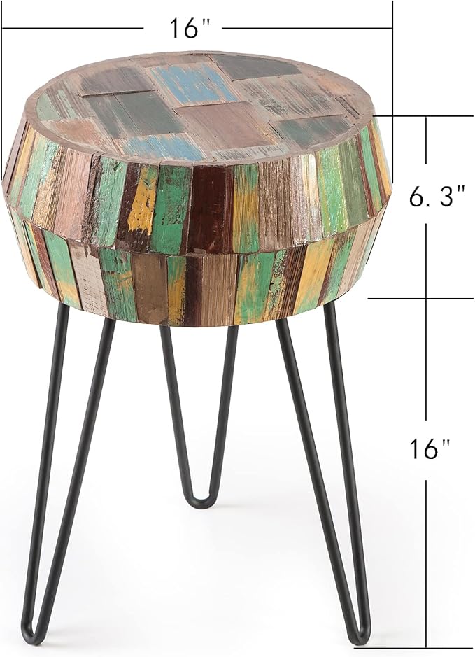 Drum Round Wood Side Table 16" x 16" x 21" H Reclaimed Rustic Multicolor Patio