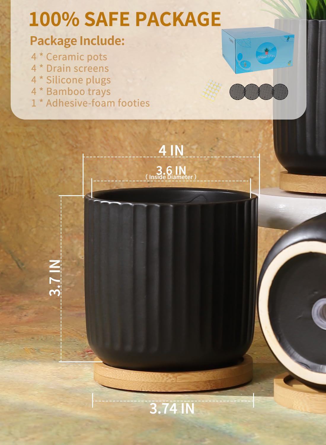 OMAYKEY 4 Inch Ceramic Plant Pot with Saucer, Small Planters Pots with Drainage Hole and Mesh Pads for Succulent, Cactus, Herbs, Stripe Pure Black