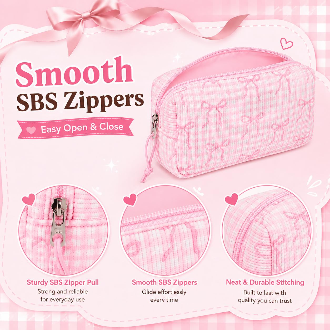 LEDAOU Cute Pencil Case for Kids Girls Boys Pencil Pouch kawaii Pen Pencil Box Bag Holder for School Students (Corduroy Pink Bow Checkered)