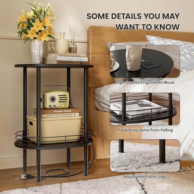 DGSANDGO Side Table with Charging Station, Side Tables Living Room, Nightstand