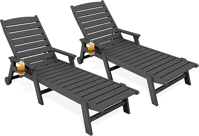 KINGYES HDPE Lounge Chair Outdoor Set of 2, Patio Chaise Lounge Recliner