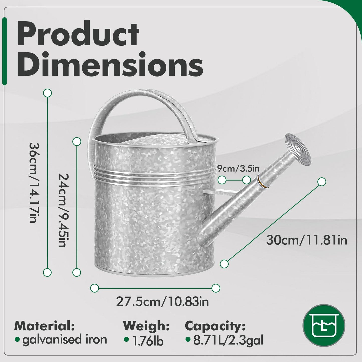 Galvanized Iron Watering Can for Indoor Plants, Oval Watering Cans for House Plant Garden Flower, Long Spout Water Can for Outdoor Watering Plants 9.46L 2.5 Gallon