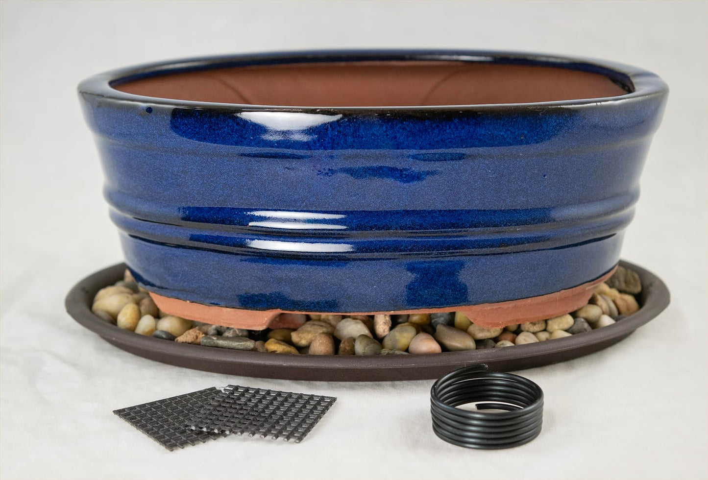 8.25" Oval Dark Blue Stain Glazed Bonsai Pot, Cactus & Succulent Planter + Tray + Rock + Mesh and Wire Combo (658-8B Combo)