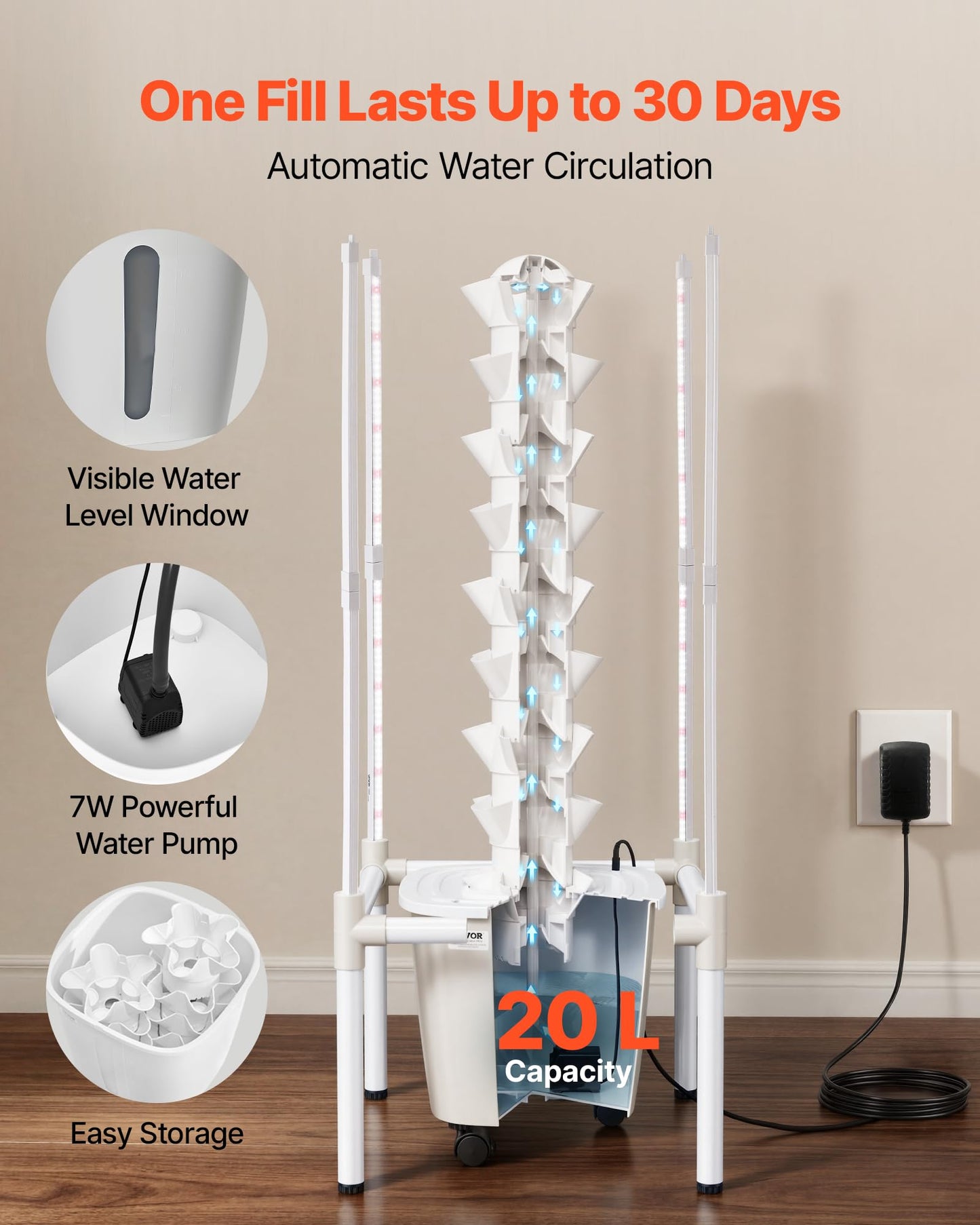 VEVOR Hydroponic Tower, 45 Pods 9 Tiers Hydroponics Growing System Kit with LED Grow Light, App Control & Casters, Vertical Home Garden with 20L Water Tank & Pump for Indoor Herbs, Fruits, Vegetables