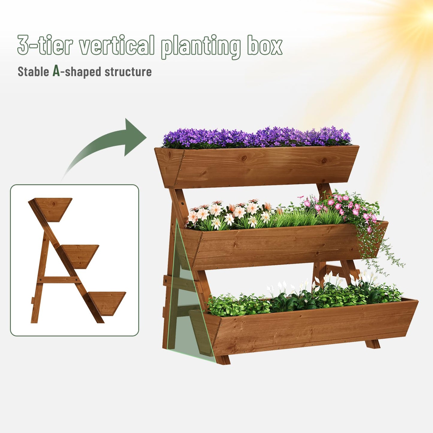 Vertical Wooden Raised Garden Bed, Garden Planters Freestanding Wood Plant Stand Flower Rack Wooden Planter Box for Plants Herbs Flowers Vegetables Outdoor Indoor Gardening (3-Tier Large Brown)