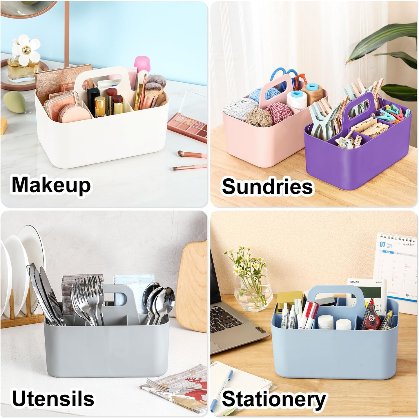 Multiuse Caddy Organizer with Handle, Portable Divided Plastic Tote Bin - Art Craft, Stationary Pen Marker Crayon, Makeup Hair Supplies Storage - Bathroom, Classroom, Dorm, Office, Desk Holder -Purple