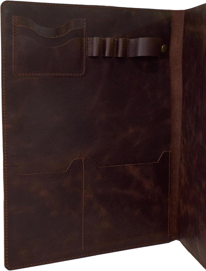Leather Portfolio Folder - Genuine Leather Document Organizer with Multiple Pockets and Pen Holder – Business Padfolio for A4 Letter Size Papers, Professional Resume or Meeting Use (Espresso)