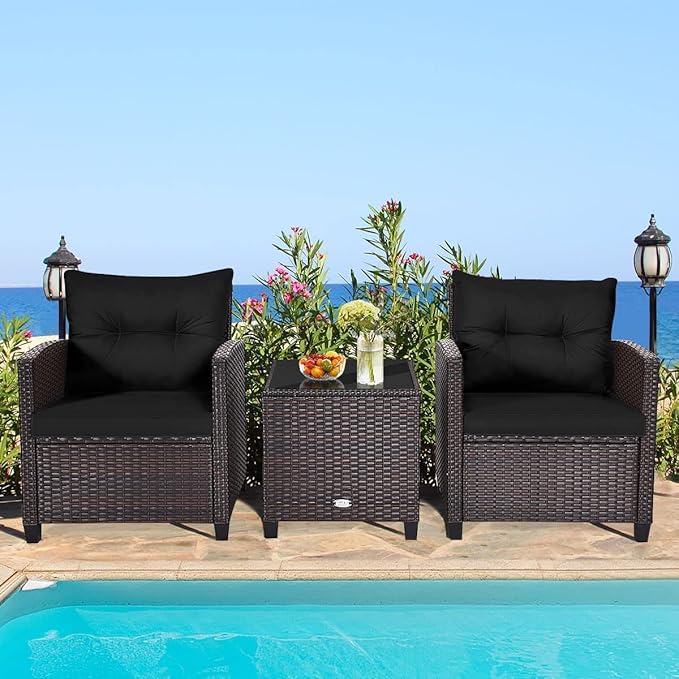 HAPPYGRILL 3 Pieces Patio Conversation Set, Outdoor Furniture Set PE Rattan