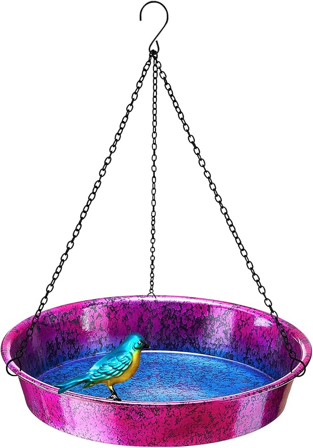 Hanging Bird Bath for Outside, 11.5” Metallic Purple & Blue Metal Birdbath Bowl & Feeder with Black Chain Outdoor Garden Yard Decor