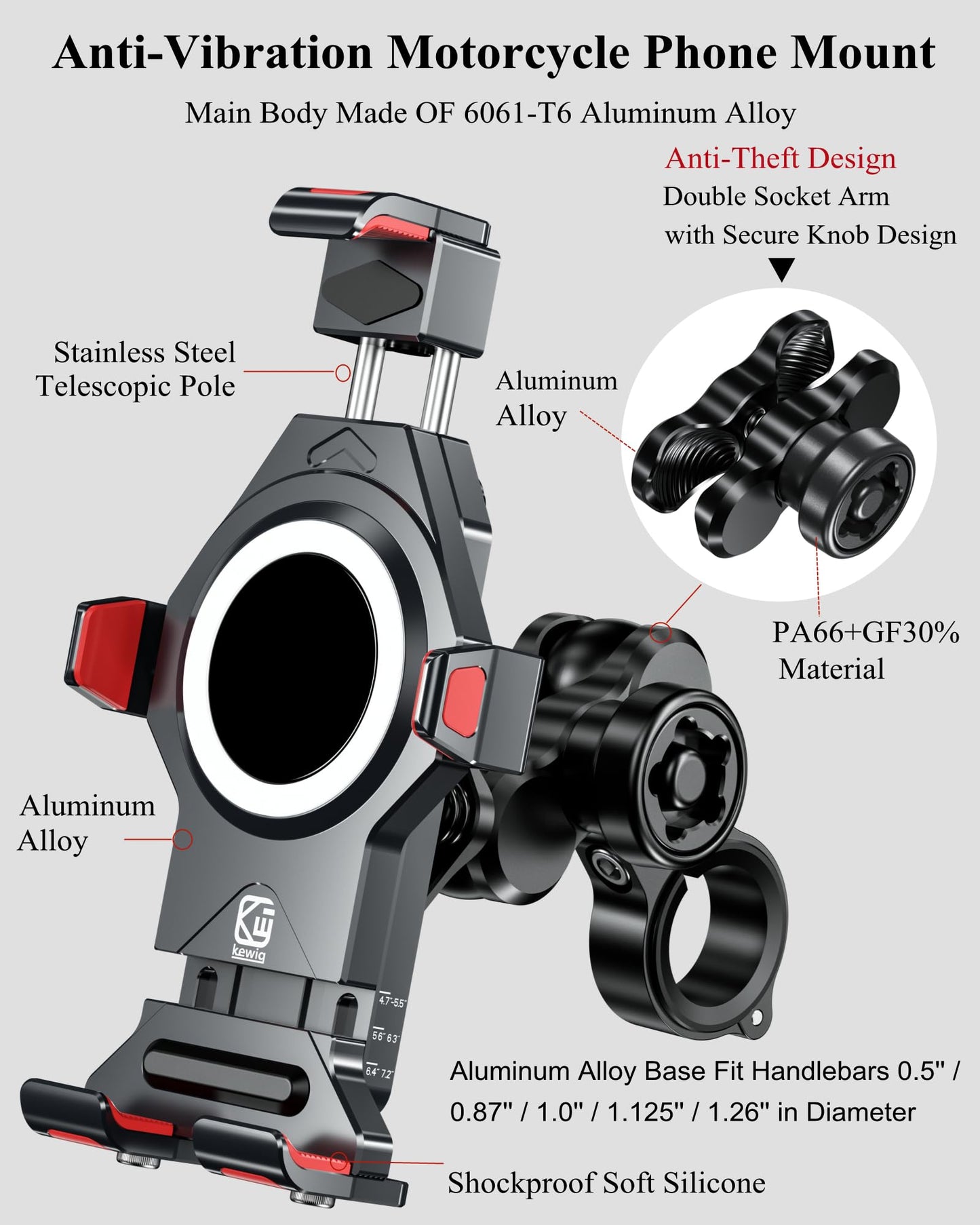 BRCOVAN Anti-Theft Aluminum Alloy Motorcycle Phone Mount with Vibration Dampener & High-Speed Secure Lock, Adjustable Bike Handlebar Cellphone Holder for Bicycle Scooter ATV, Fit 4.7-7.2'' Smartphone
