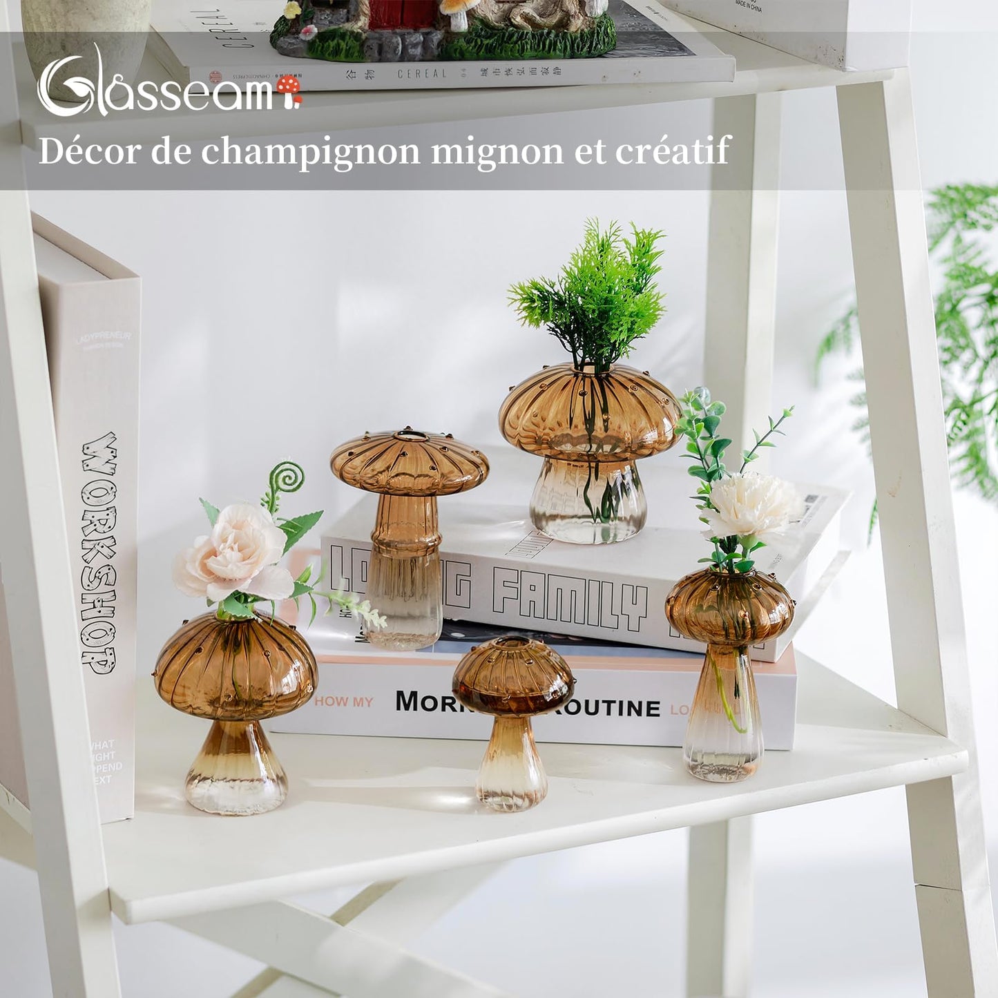 Glasseam Mushroom Plant Propagation Stations: Green Glass Terrarium Jar Set of 5 Cute Planters for Indoor Plants Mini Propagate Station Unique Christmas Birthday Gifts for Women Home Office Decor