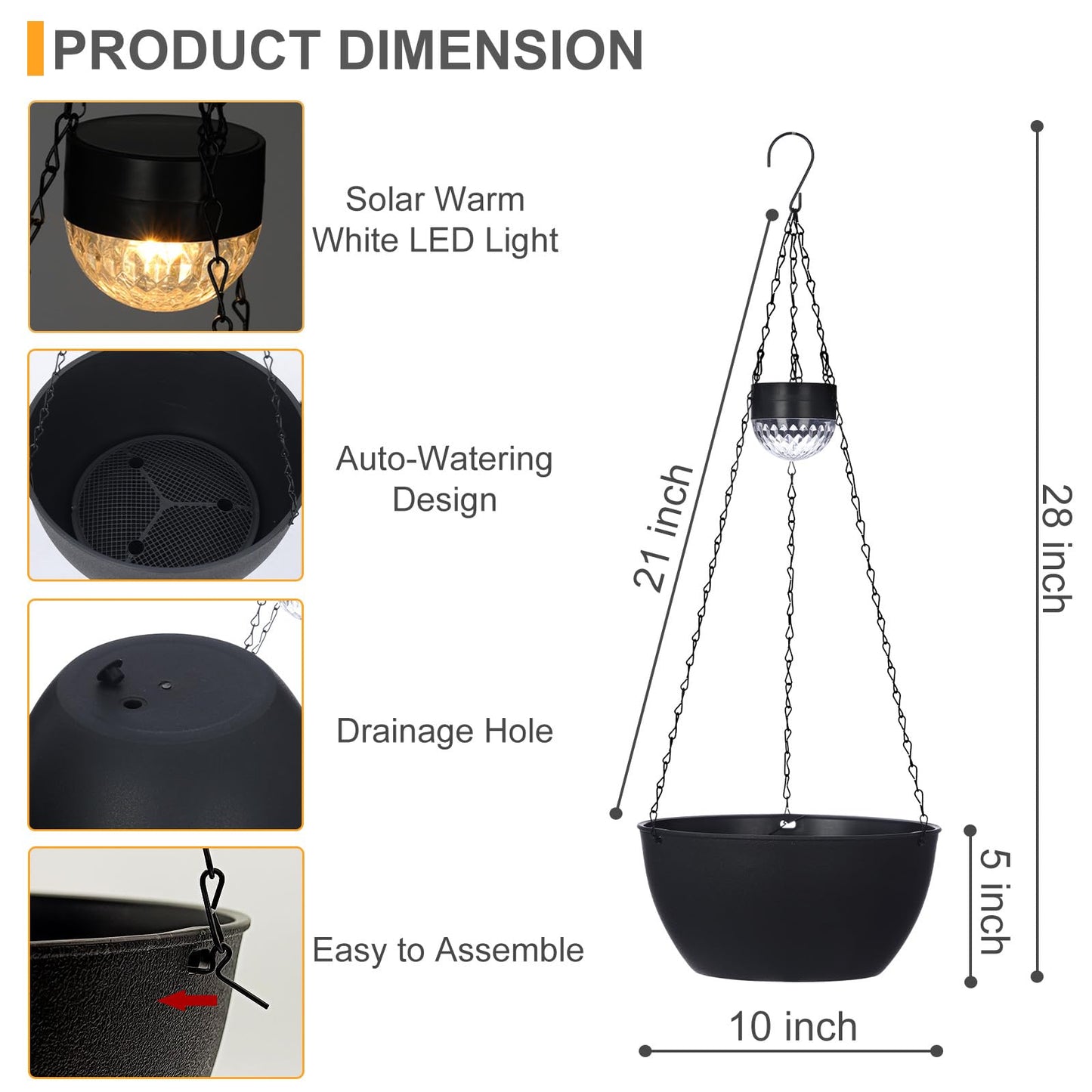 SUNNYPARK 2 Packs Hanging Planters Basket for Outdoor Plants, Solar Powered Self Watering Black Round Plastic Flower Pots with Drainer for Balcony Patio Garden Outdoor Decoration