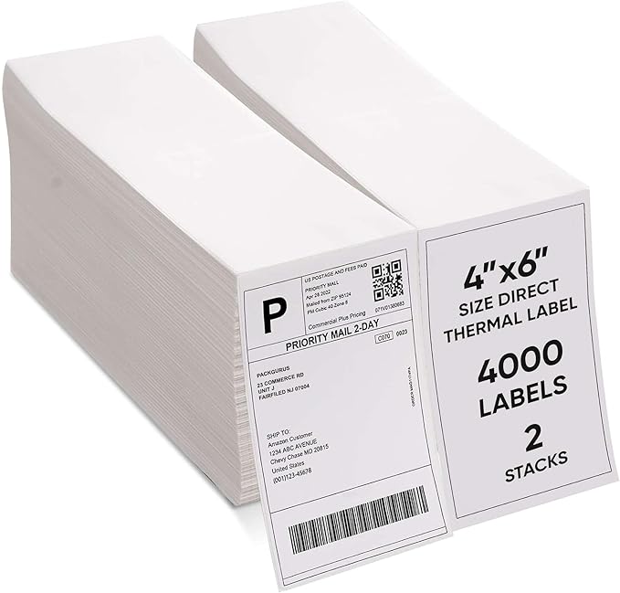 PackGurus 4"x6" Fanfold Direct Thermal Labels Commercial Grade with Perforated line for Thermal Printers, Compatible with Zebra & Rollo Printer (2 Stacks - 4000 Labels)