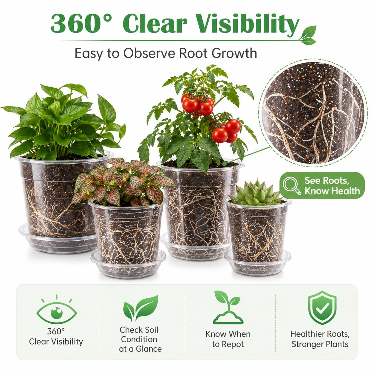 TESSTSY 30 Pack 7/6/5/4/3 Inch Clear Nursery Pots with Drainage and Saucer, Plastic Pots for Planter, Clear Potting Pots for Succulents, Flower, Small Herbs, Indoor Outdoor Gardening