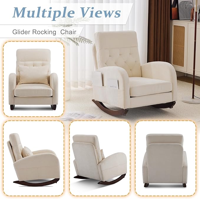 VINGLI Chenille Low Seat Rocking Chair, Upholstered Nursery Glider Chair