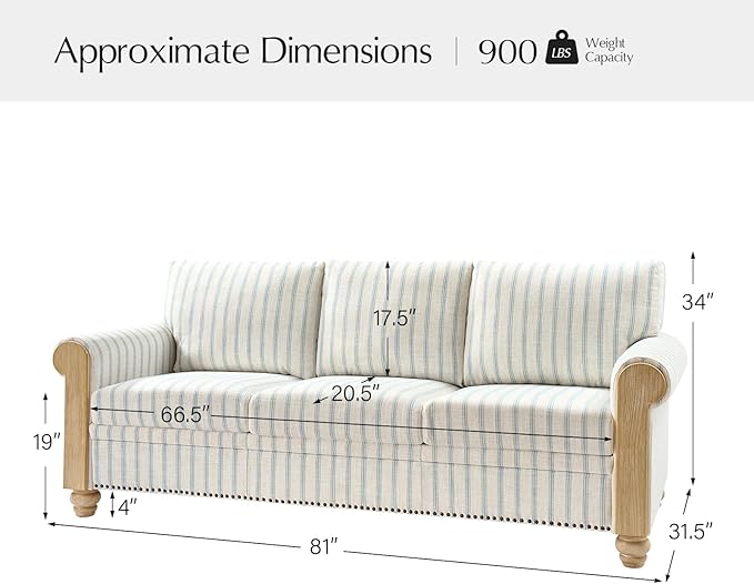 EcoHarbor Living 3-Seater Couch, Stripe 81" Mid-Century Modern Upholstered Sofa