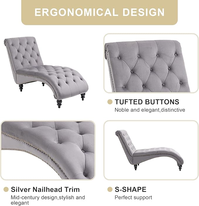 Chaise Lounge Indoor, Velvet Upholstered Lounge Chair Button-Tufted Armless