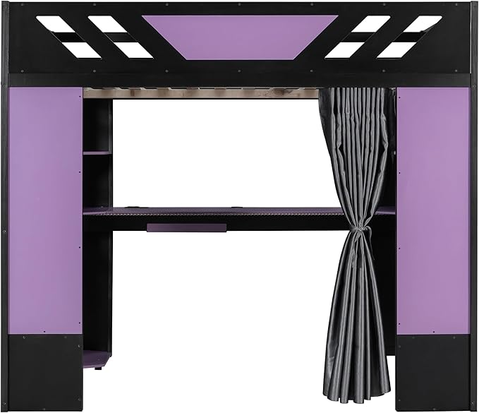 Full Size Wood Loft Bed with Built-in Workstation, Smart Storage, RGB Lighting