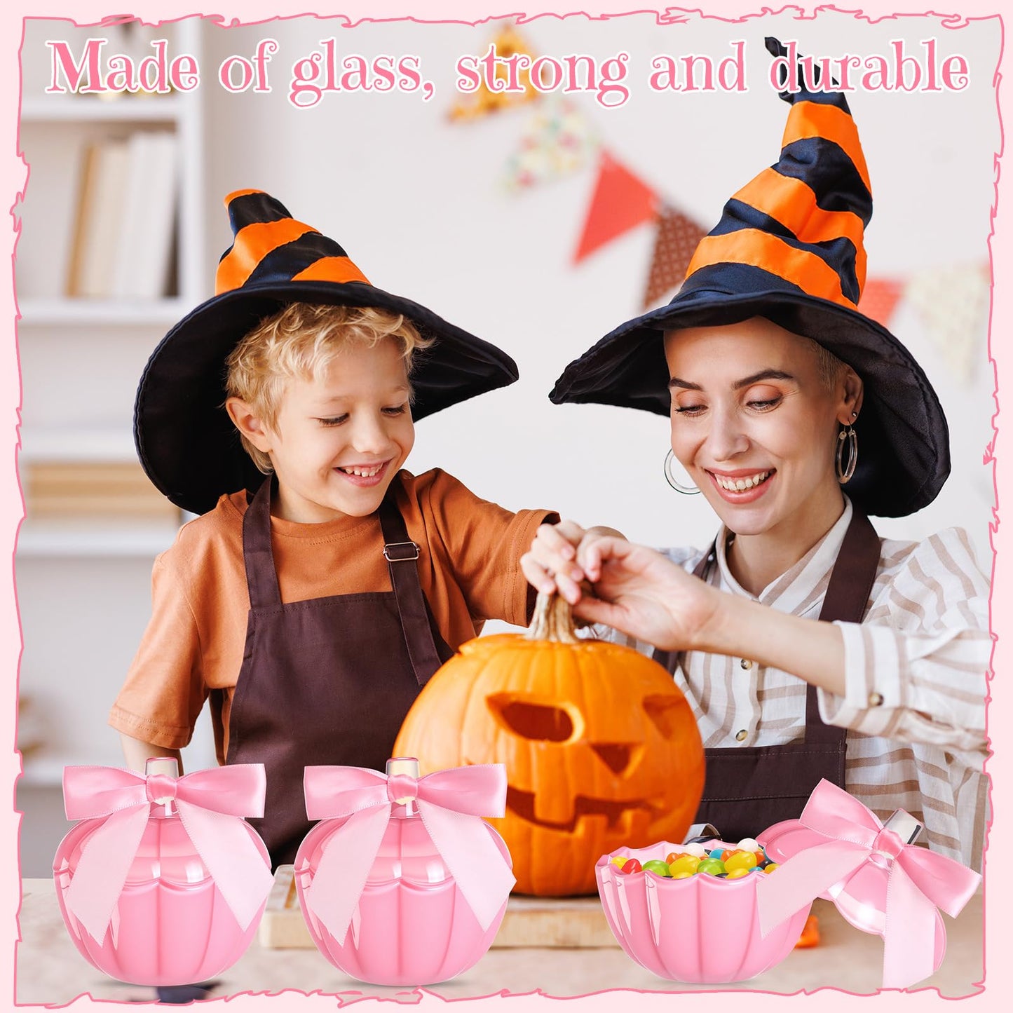 Mimorou 8 Set 4 Set Thanksgiving Candy Bowl with Lids Pink Glass Pumpkin Candy Jar with Bow for Thanksgiving Day Table Centerpiece Decoration