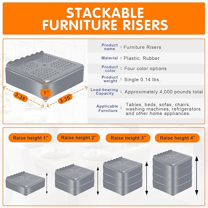 shouwuhho Furniture Risers, 4 Pack Bed Risers