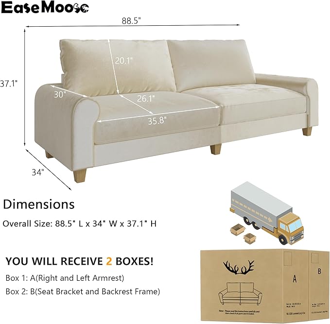 EASE MOOSE 88.5" Large Seat Velvet Loveseat Sofa, Soft Deep Seat Couches