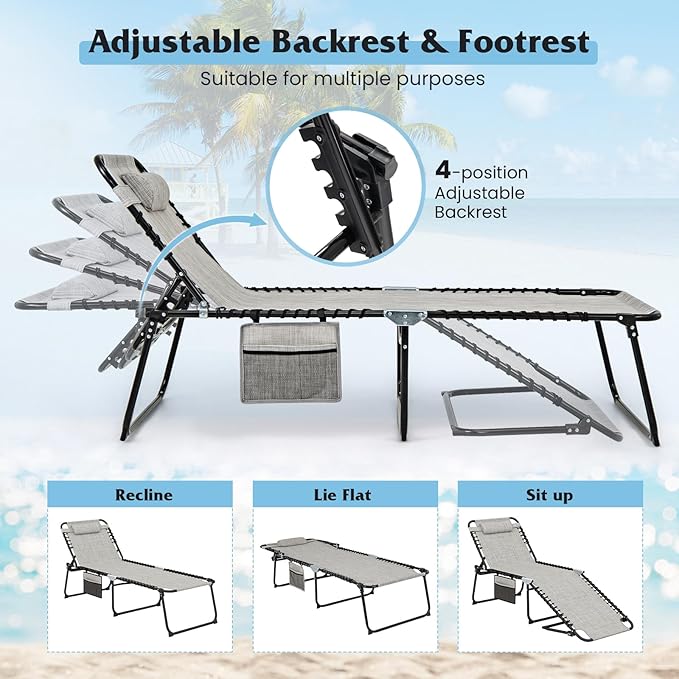 GYMAX Lounge Chair for Outside, 440lbs 27” Oversize Folding Beach Tanning