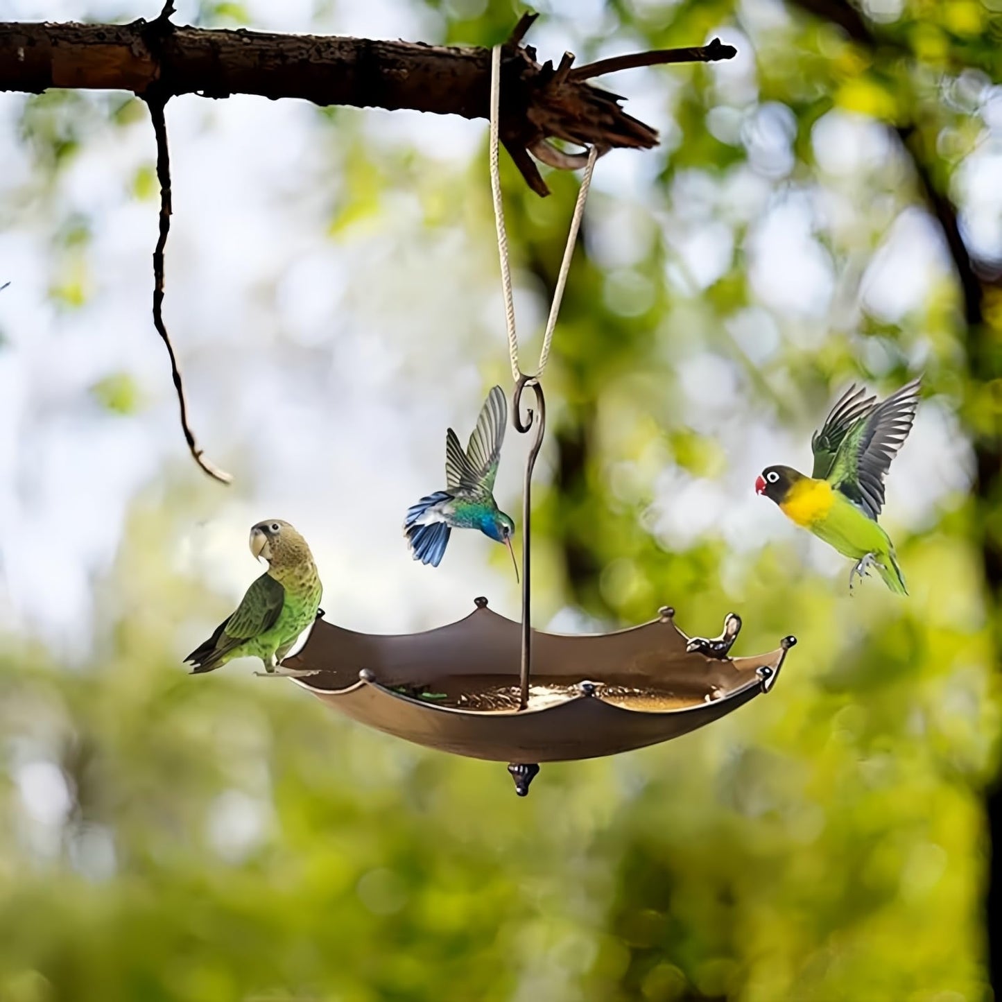 Hanging Bird Feeder Tray Bird Bath for Outdoors, Umbrella Shaped Wild Bird Feeders Tray for Bath, Hummingbird Feeder for Outside, Metal and Water Bowl, Garden Backyard Decor, Brown
