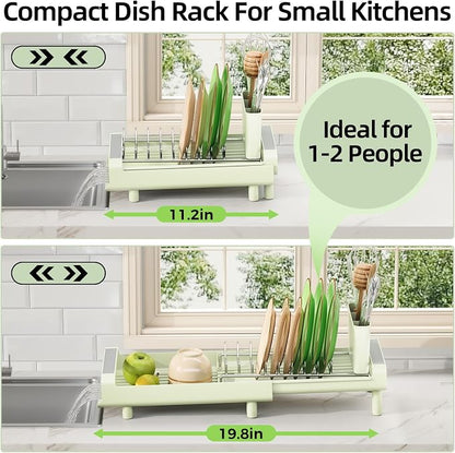 TOOLF Small Dish Drying Rack, Mini Expandable Compact Dish Rack, Slim Extendable Stainless Steel Dish Drainer for Kitchen Countertop, Space Saving Dish Strainer, Soft Celery Green