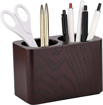 Oak Solid Wood Pen &Pencil Holder for Desk, Office Stationery Organizer, Table Pencil Cup Stand,Desk Accessories Holder, Two Cups Practical Design. (Espresso)