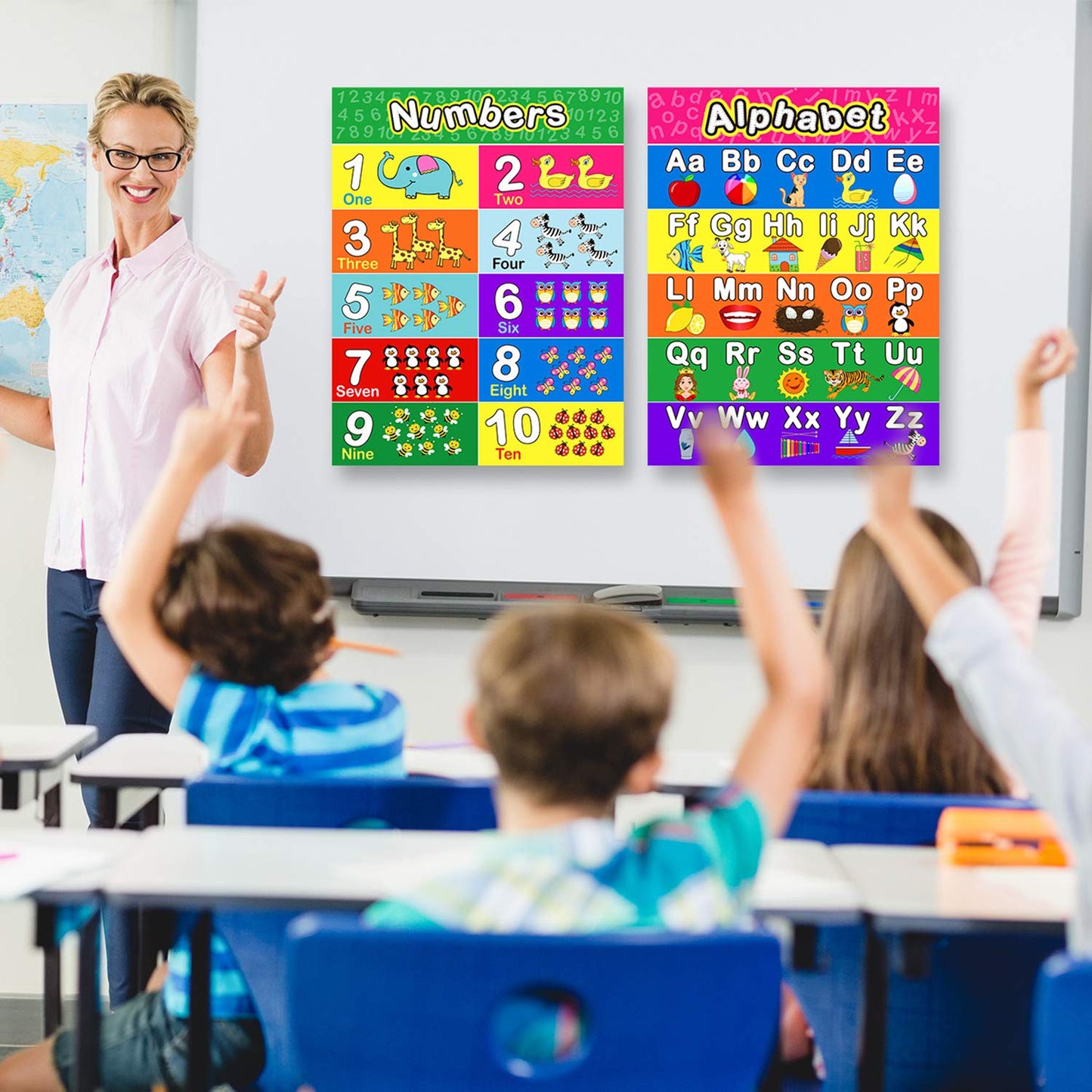 Outus Extra Large Preschool Educational Learning Posters 17 x 22 Inch Nursery Home School Pre-K Kindergarten Classroom Decoration(4 Pcs,Alphabet, Number 1-10, Shapes, Colors)